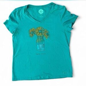 Life Is Good Turquoise Crusher T Shirt M Classic Fit Half Full Floral Graphic